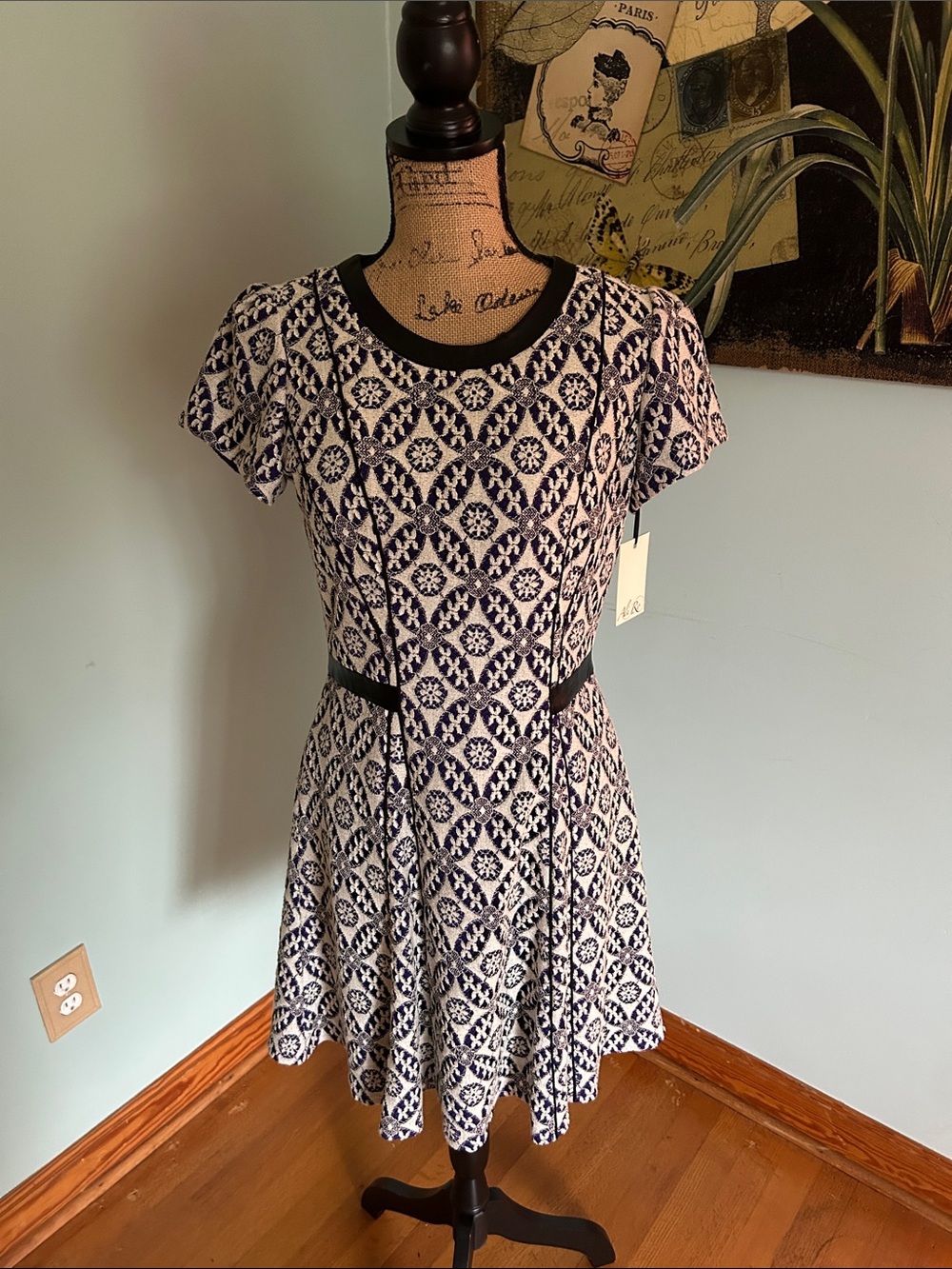 Ali Ro Navy and cream Short-Sleeve Fit-and-Flare Mini Dress